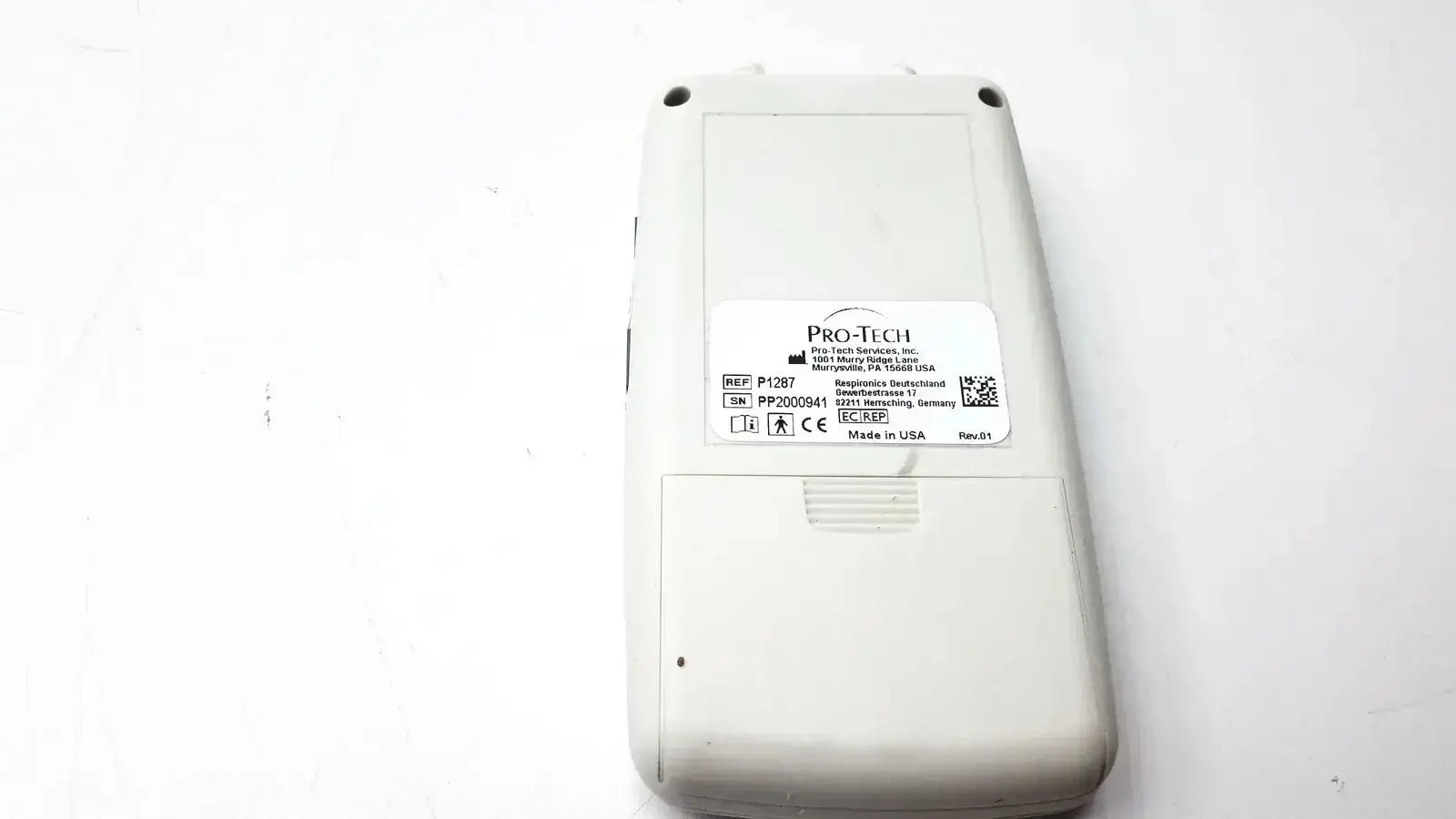 White plastic pro-tech pp3000s41 digital thermometer back panel with labeled specifications for ptaf2 pressure transducer airflow sensor