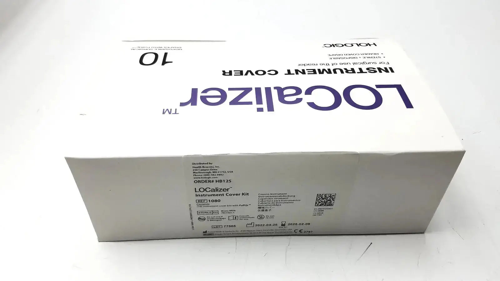 White cardboard box labeled localizer instrument cover kit with purple text and qr code for protek medical products instrument cover kit