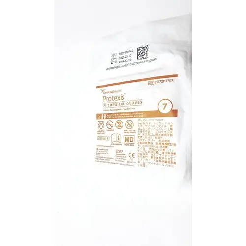 A package of sterile, white latex surgical gloves labeled ’protexis’ with a brown and orange label.
