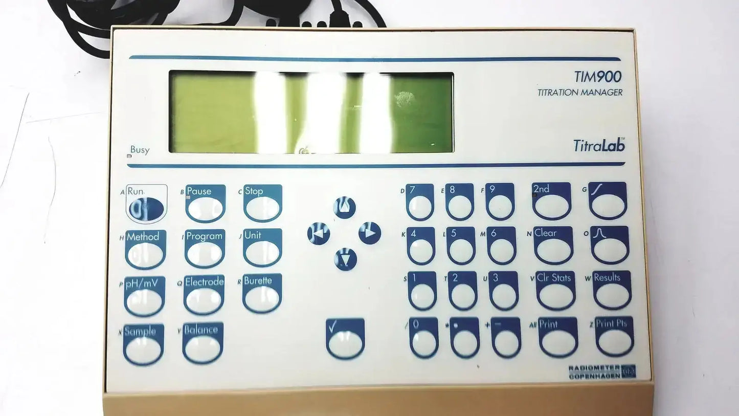 White and blue radiometer copenhagen tim900 titration manager control panel with digital display and button keypad