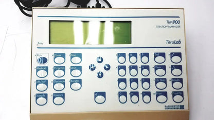 White and blue radiometer copenhagen tim900 titration manager control panel with digital display and button keypad