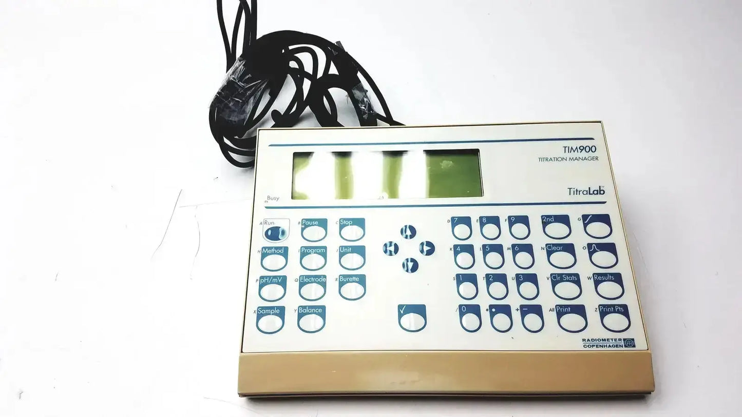 White and beige radiometer copenhagen tim900 titration manager with blue labeled buttons and green digital display panel