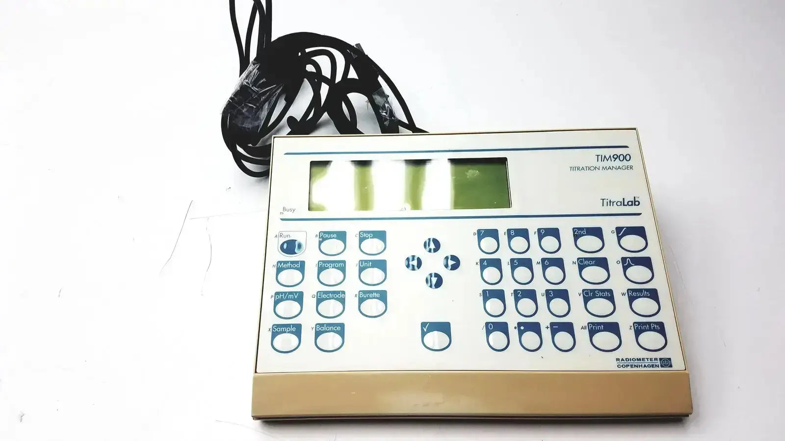 White and beige radiometer copenhagen tim900 titration manager with blue labeled buttons and green digital display panel
