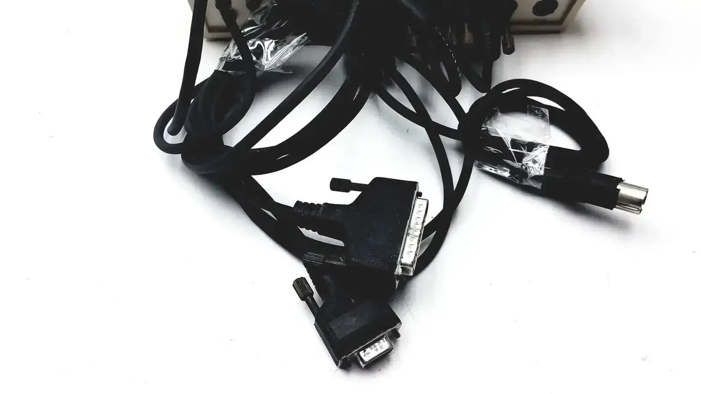 Black coiled cables with dvi and vga connectors on the back of radiometer copenhagen tim900 titration manager