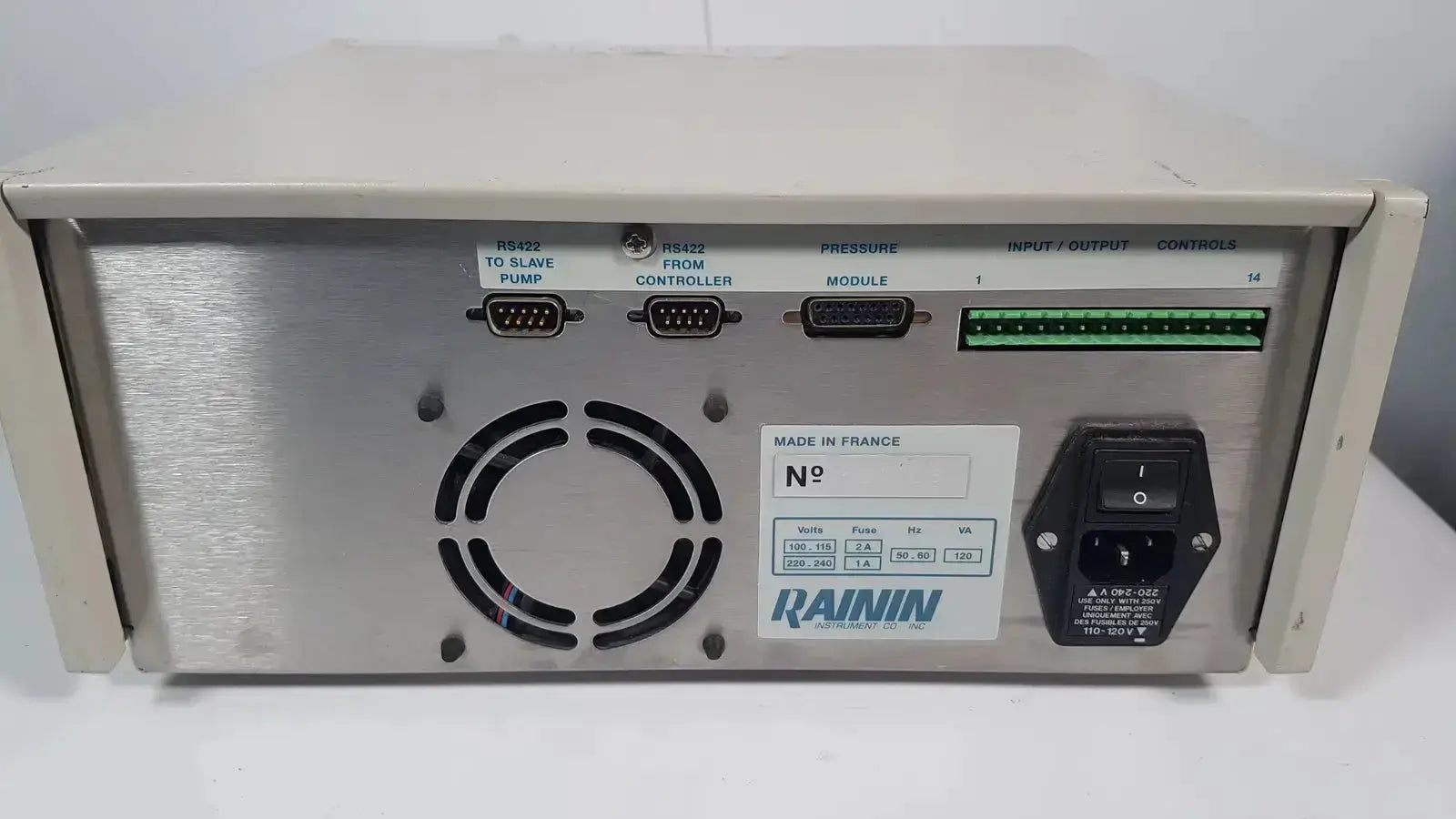 Silver metallic industrial control panel with labeled ports and power switch for rainin hpxl solvent delivery system