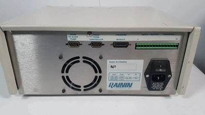 Silver metallic industrial control panel with labeled ports and power switch for rainin hpxl solvent delivery system