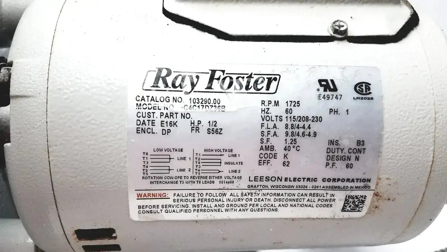 White ray foster electric motor with specification label for ray foster mt12 dental lab model trimmer mt12 dental lab use