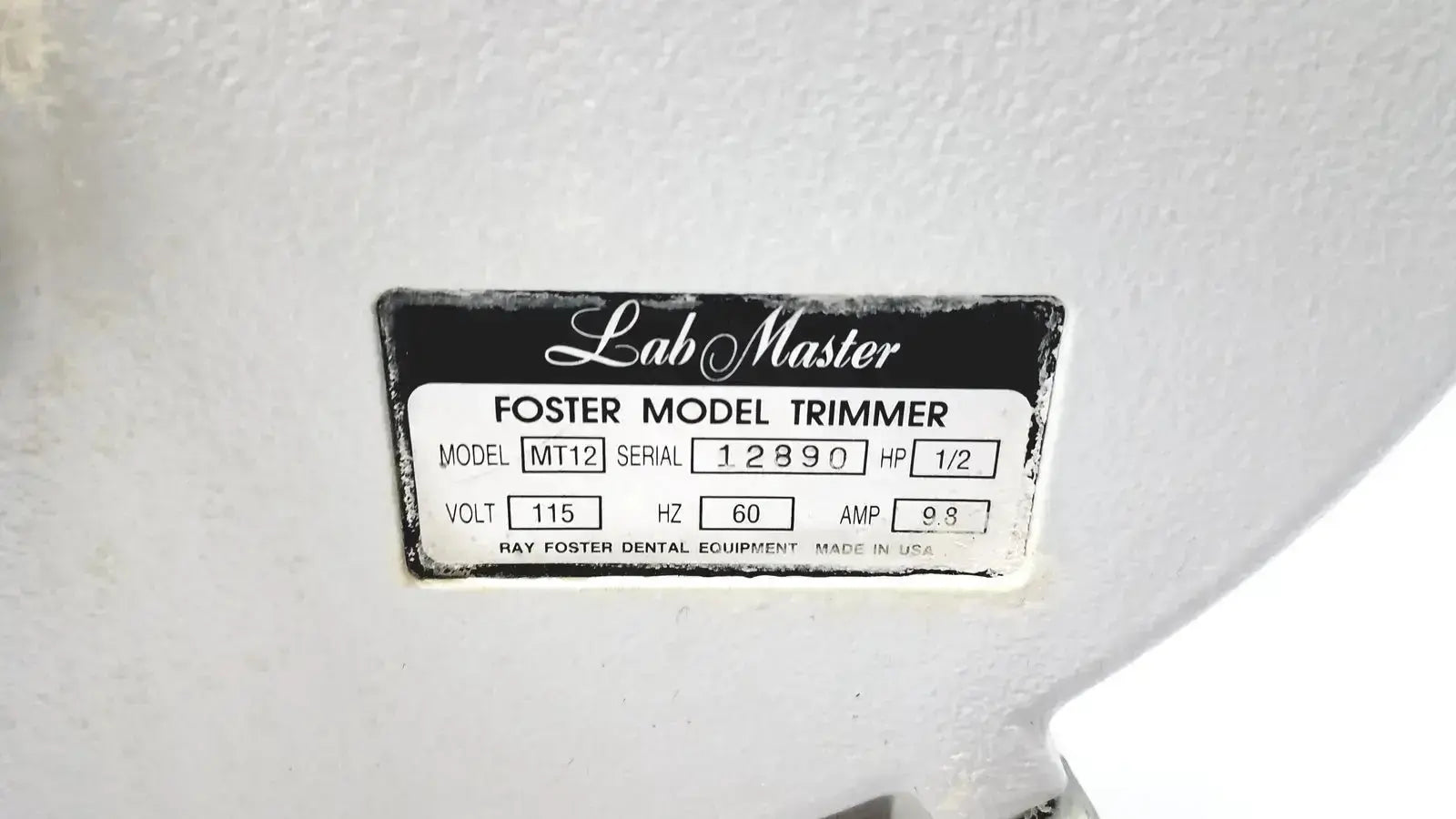White lab model trimmer ray foster mt12 with black label and 1/2 hp motor for dental lab use