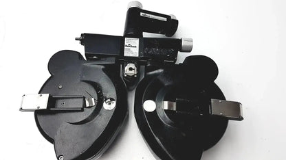 Black plastic and metal Reichert 11625 minus cylinder phoropter refracting instrument with central control and eye chart holders with some damage
