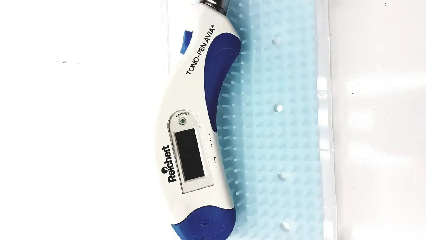 A white and blue digital thermometer with a sleek ergonomic design from the reichert avia tono-pen tonometer series