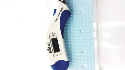 A white and blue digital thermometer with a sleek ergonomic design from the reichert avia tono-pen tonometer series