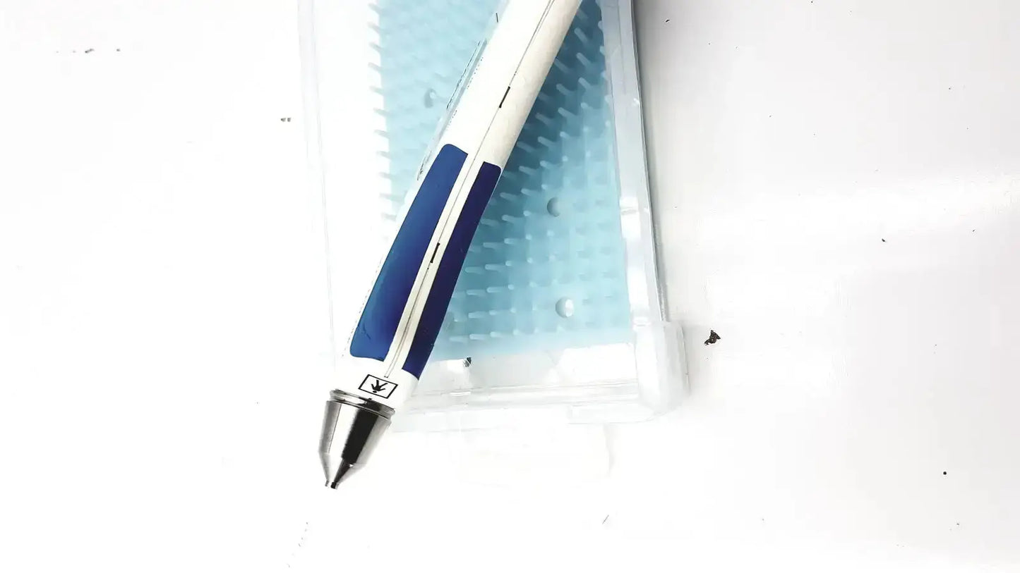 Blue and white ballpoint pen with metallic tip featured in reichert avia tono-pen tonometer product design