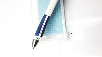 Blue and white ballpoint pen with metallic tip featured in reichert avia tono-pen tonometer product design