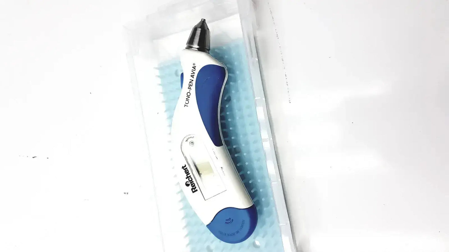 Reichert avia tono-pen digital pen in blue and white with black tip in clear plastic packaging for tonometer use
