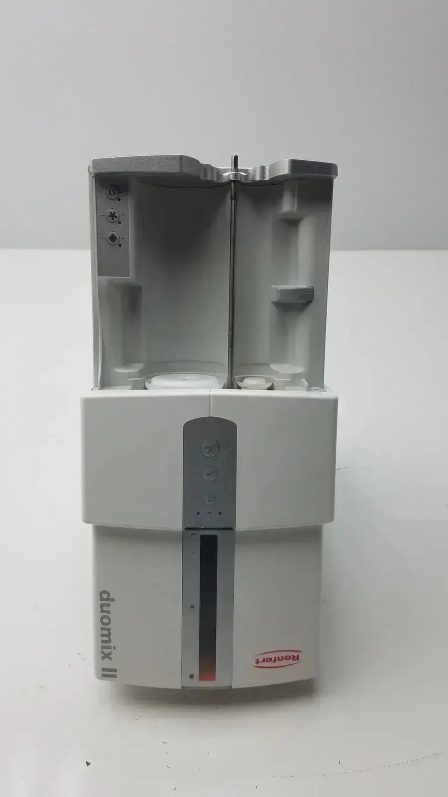 White plastic laboratory mixer with gray top and vertical panel labeled duomix ii for automatic dental impression mixing