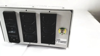 Silver metallic reo reomed 600 medical isolating transformer 3rd edition with three black control panels and green connector