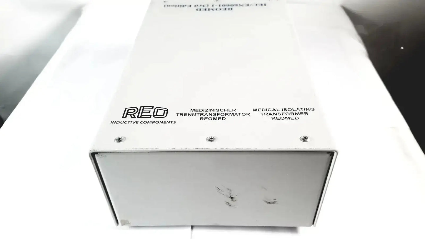 White rectangular reo reomed 600 medical isolating transformer with black text 3rd edition for medical use
