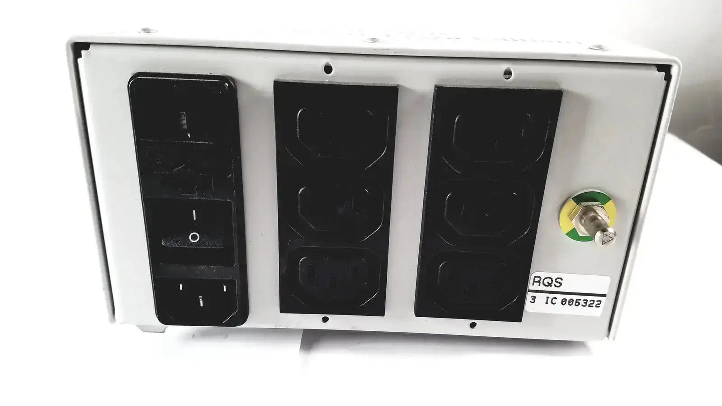 White metal power distribution unit with three black outlets and green yellow grounding switch for reo reomed 3rd edition medical isolating transformer