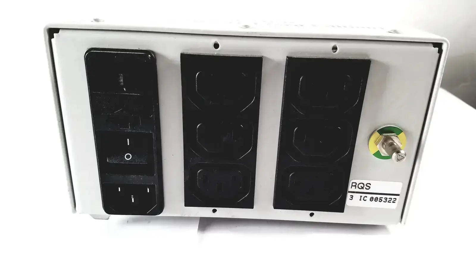 White metal power distribution unit with three black outlets and green yellow grounding switch for reo reomed 3rd edition medical isolating transformer