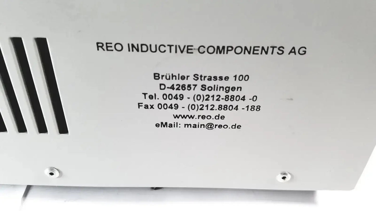 White metal reo reomed 600 iec/en60601-1 medical isolating transformer 3rd edition with black ventilation slits and contact info
