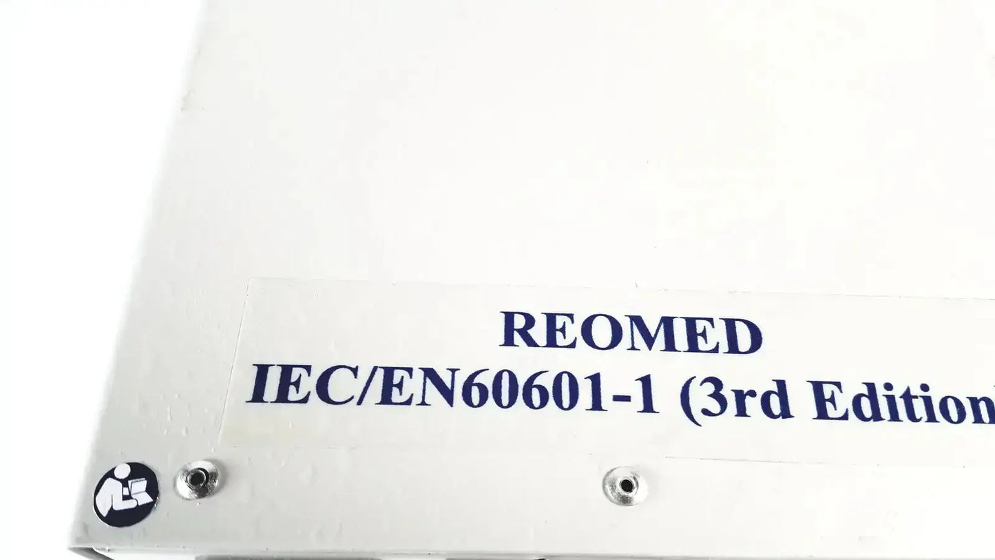 White rectangular medical isolating transformer label with blue text reo reomed 600 iec/en60601-1 3rd edition