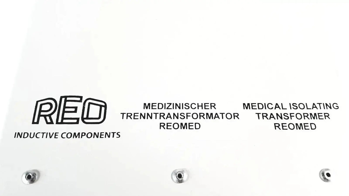 White reo reomed 600 medical isolating transformer 3rd edition with black text and three silver mounting screws