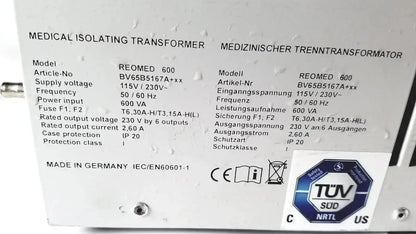 White label on the back side of reo reomed 600 3rd edition medical isolating transformer showing specifications and certifications