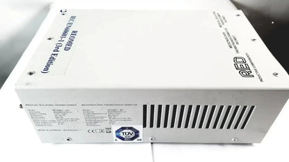 White rectangular reo reomed 600 iec/en60601-1 medical isolating transformer 3rd edition with black labels and ventilation slits
