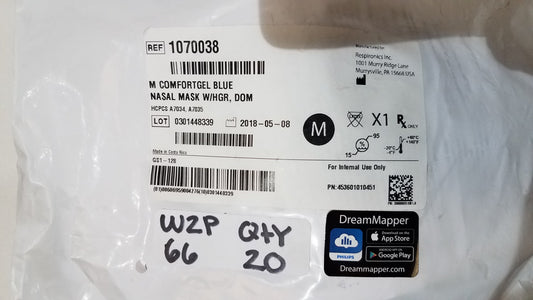 Respironics M ComfortGel Blue Nasal Mask 1070038 Medium W/HGR DOM CPAP