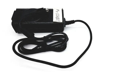Black plastic respironics power charger with coiled black cable and white label for efficient power connection