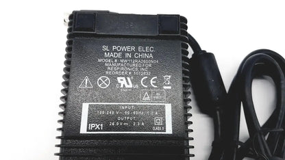 Black plastic respironics power charger with ribbed texture and coiled cable for reliable power supply