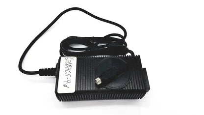 Black plastic respironics power charger with ribbed texture and coiled cable for reliable power connection
