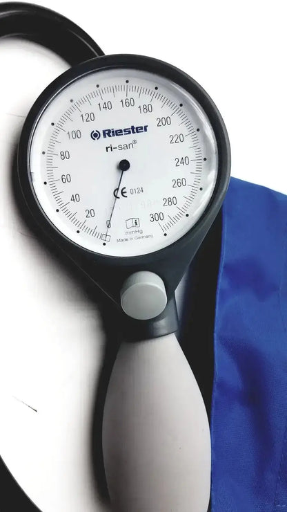 Black and gray riester 0124 sphygmomanometer with summit bp cuffs featuring a manual dial marked in mmhg for pre owned medical equipment