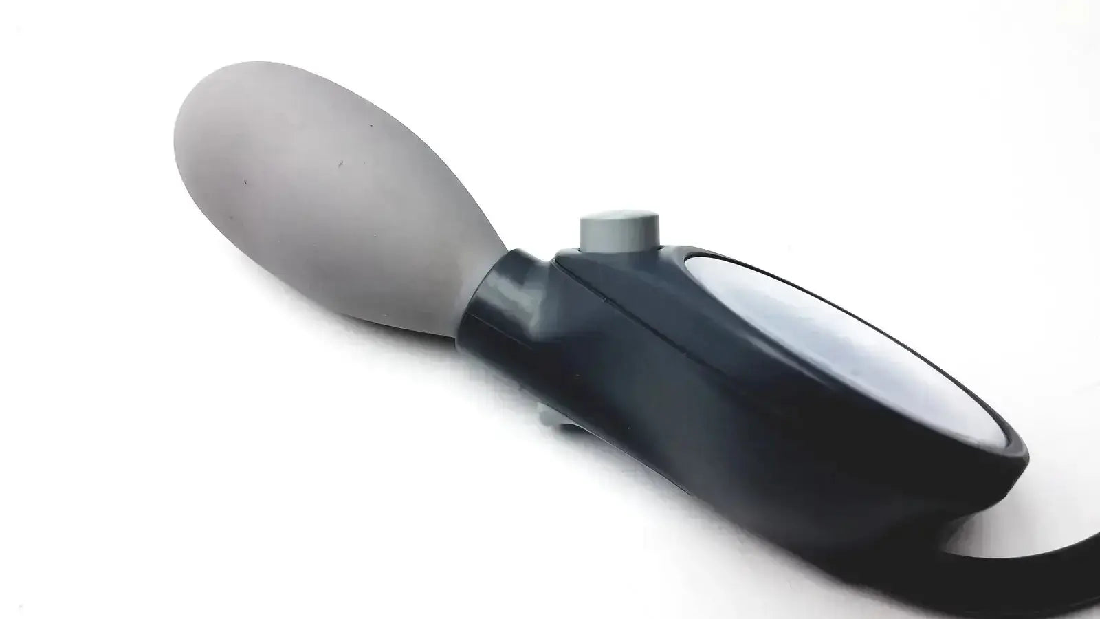 Gray inflatable bulb attached to black handheld pump with clear window and gray knob in riester 0124 sphygmomanometer with summit bp cuffs for pre owned medical equipment