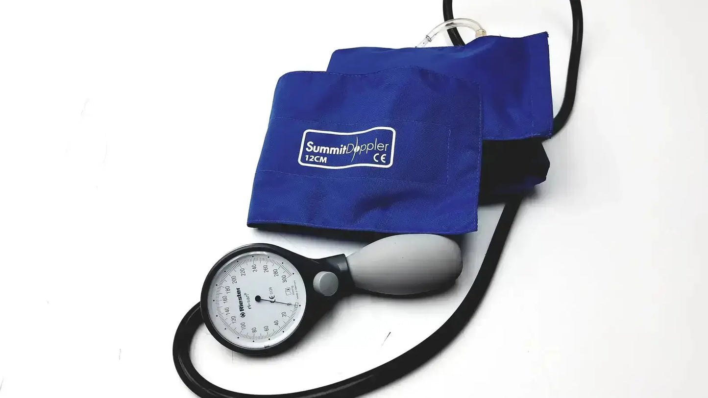 Riester 0124 sphygmomanometer with blue summit bp cuffs 12cm black tubing gray bulb used medical equipment for sale