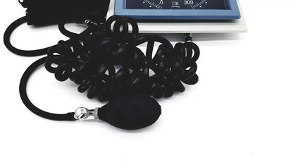 Black rubber blood pressure cuff with silver valve and coiled tubing for riester big ben square ben square sphygmomanometer