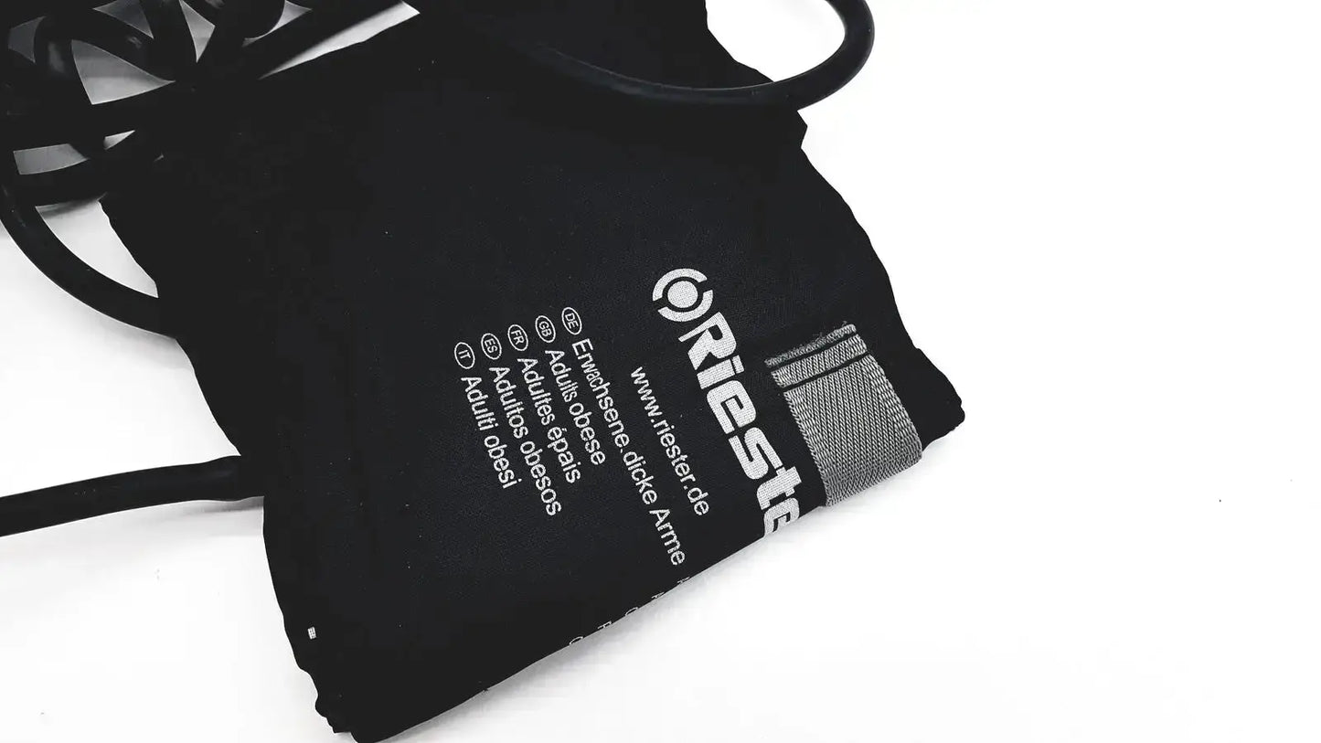Black riester big ben square sphygmomanometer blood pressure cuff with gray textured strap and white printed text