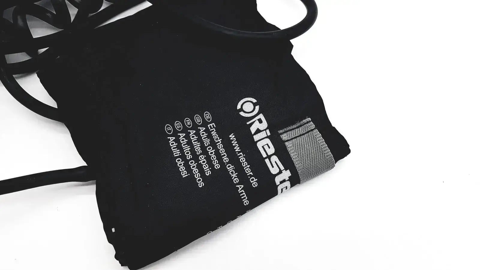 Black riester big ben square sphygmomanometer blood pressure cuff with gray textured strap and white printed text
