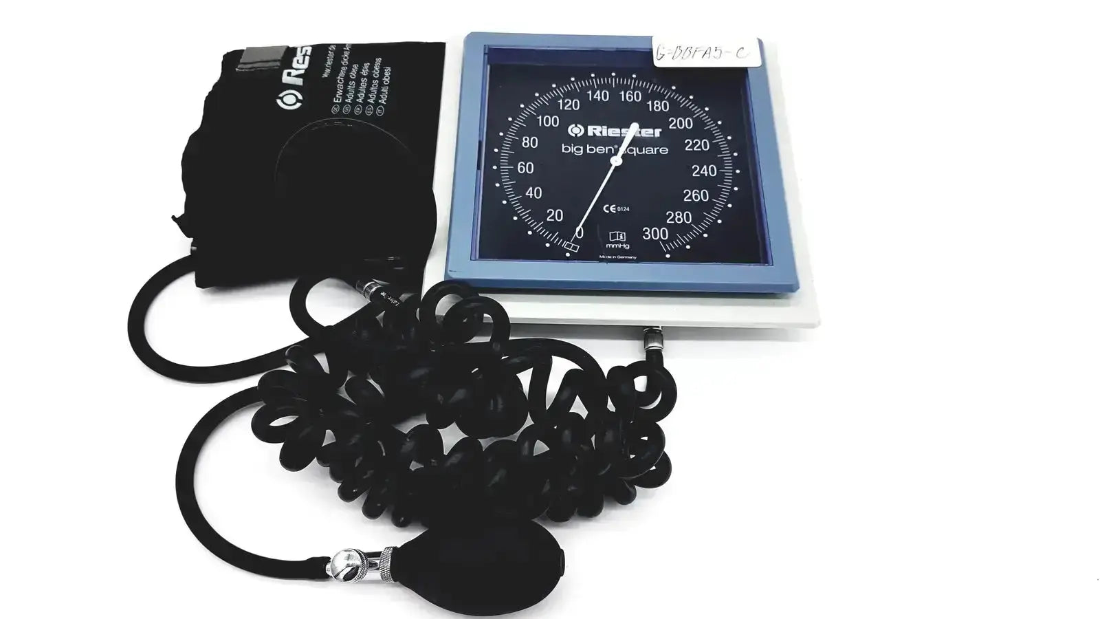 Blue-framed riester big ben square sphygmomanometer with black tubing and adult cuff for blood pressure monitoring