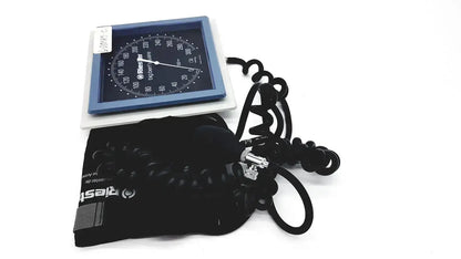 Blue and white riester big ben square sphygmomanometer with black tubing and adult cuff manual blood pressure monitor