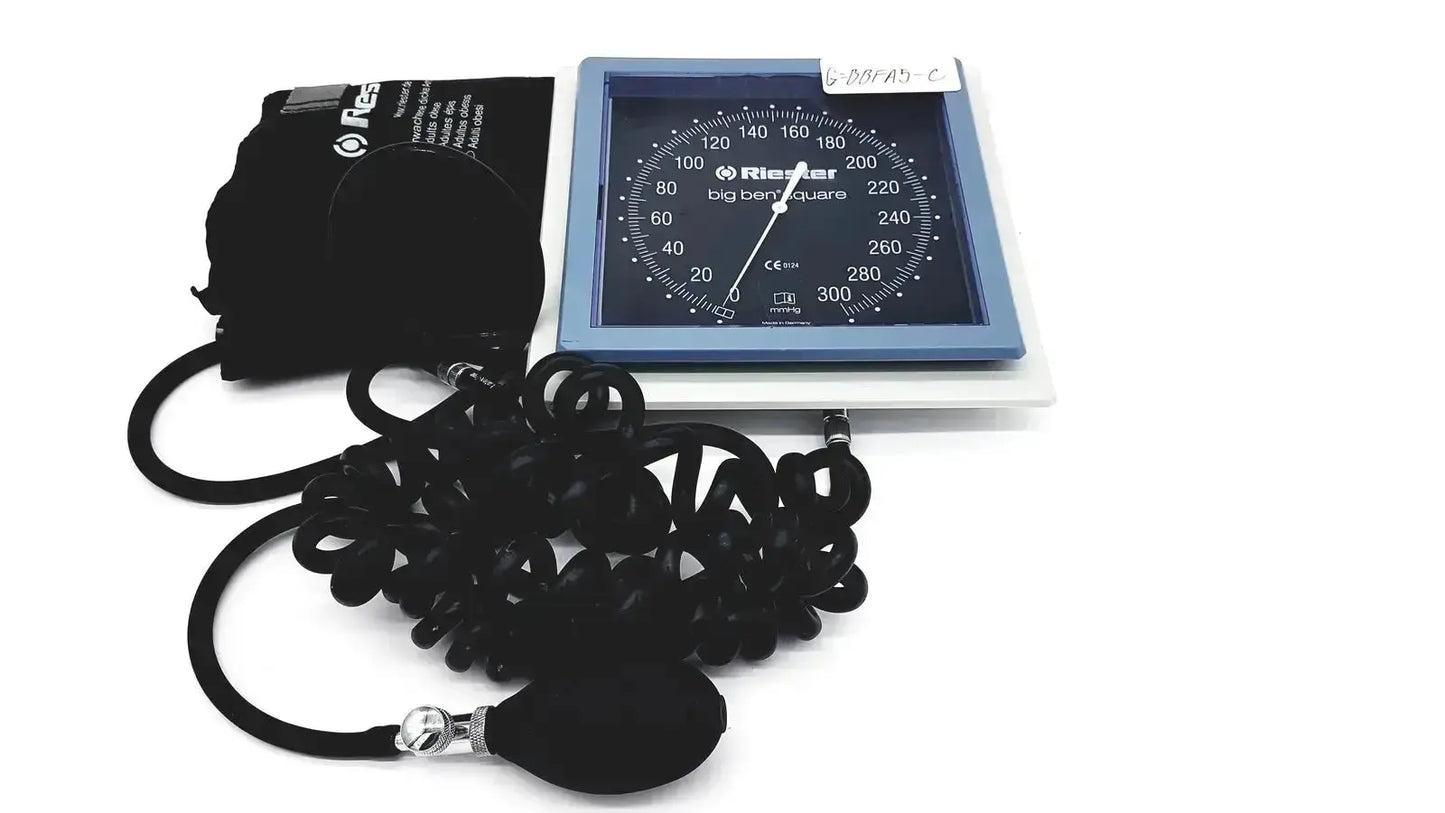 Blue and white riester big ben square analog blood pressure monitor with black tubing and adult cuff ben square sphygmomanometer