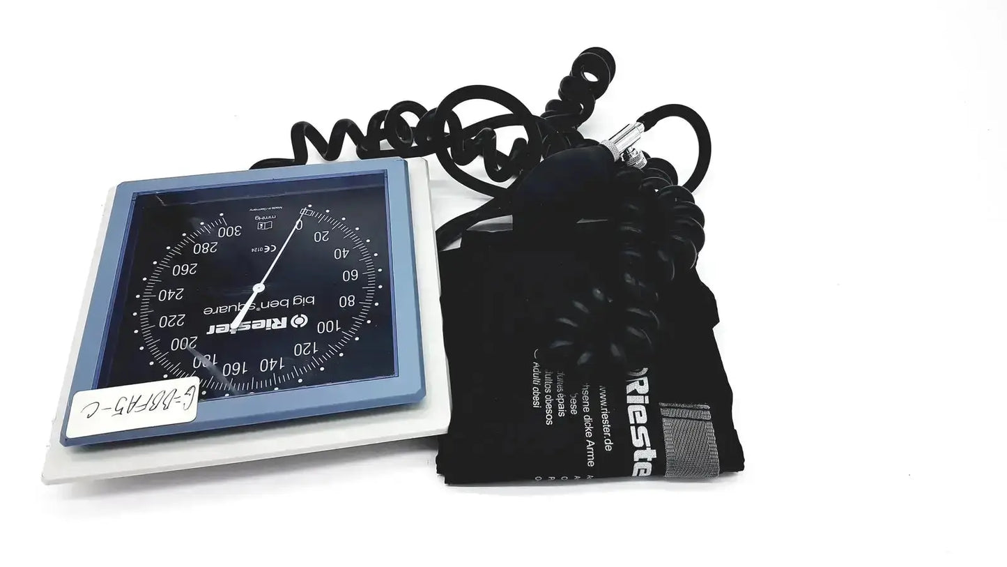 Riester big ben square sphygmomanometer with blue frame black dial and adult black inflatable cuff for blood pressure monitoring