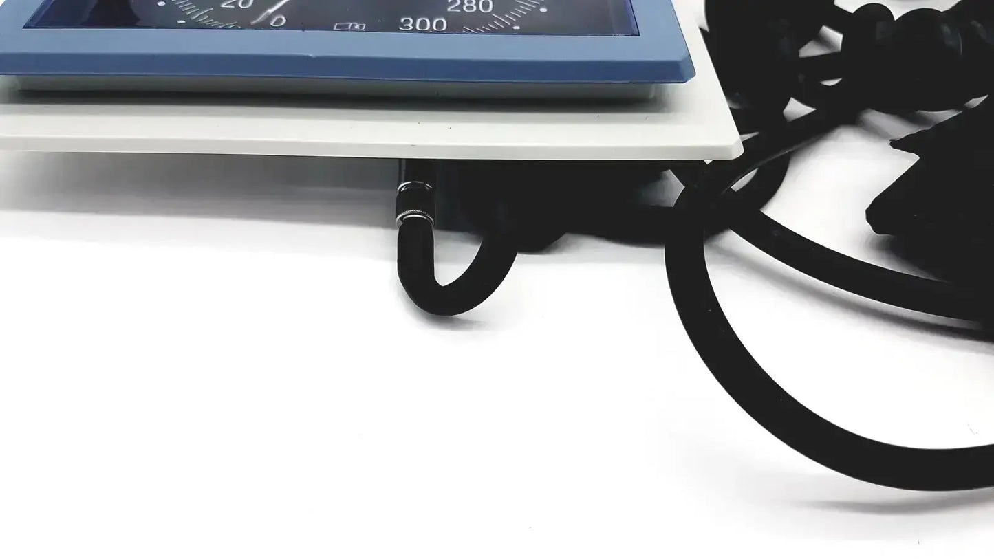 Blue digital riester big ben square sphygmomanometer blood pressure monitor with white base and black tubing for adults cuff