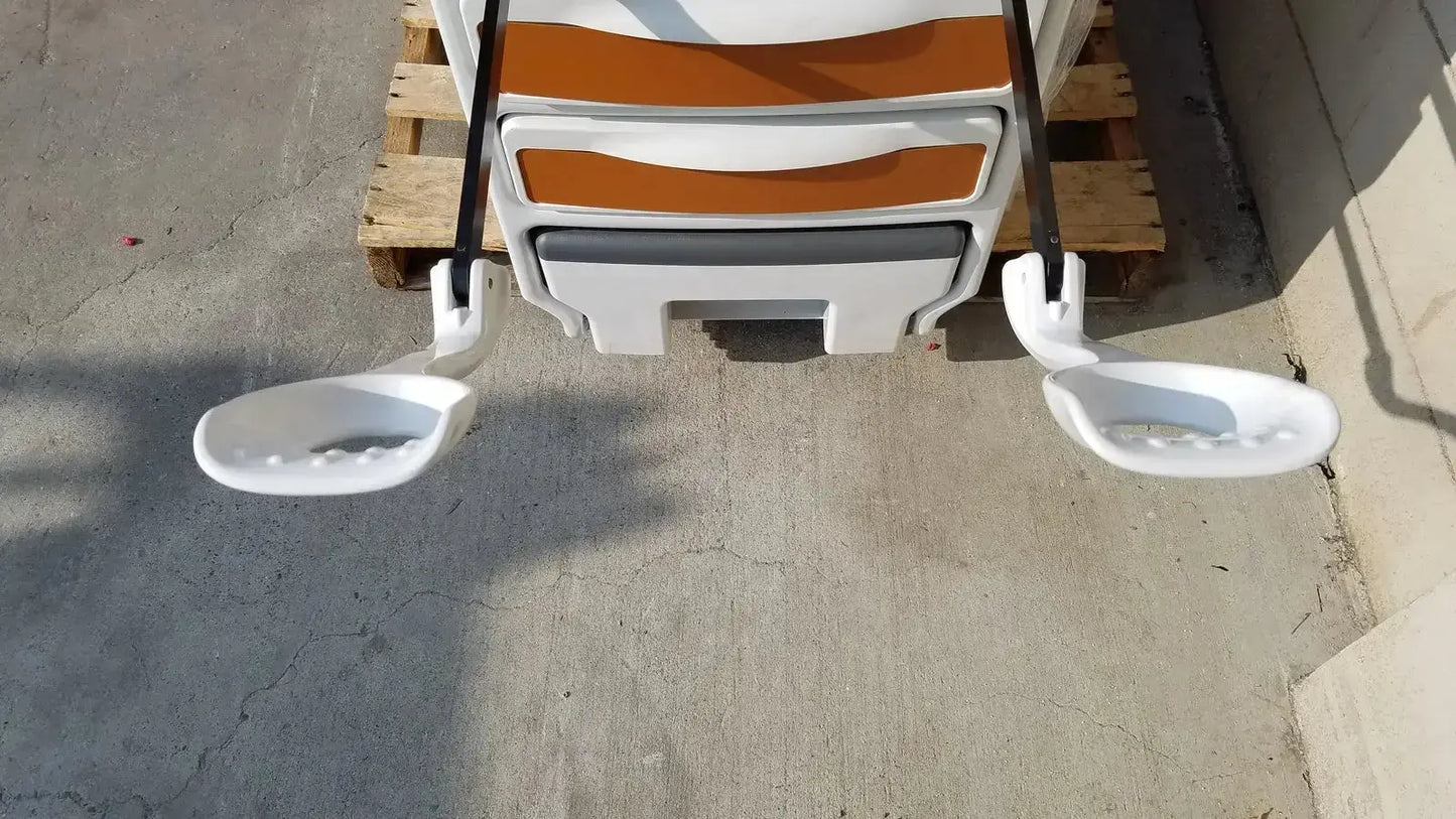 White plastic stroller with orange and gray accents and two side handles by midmark used medical equipment for sale