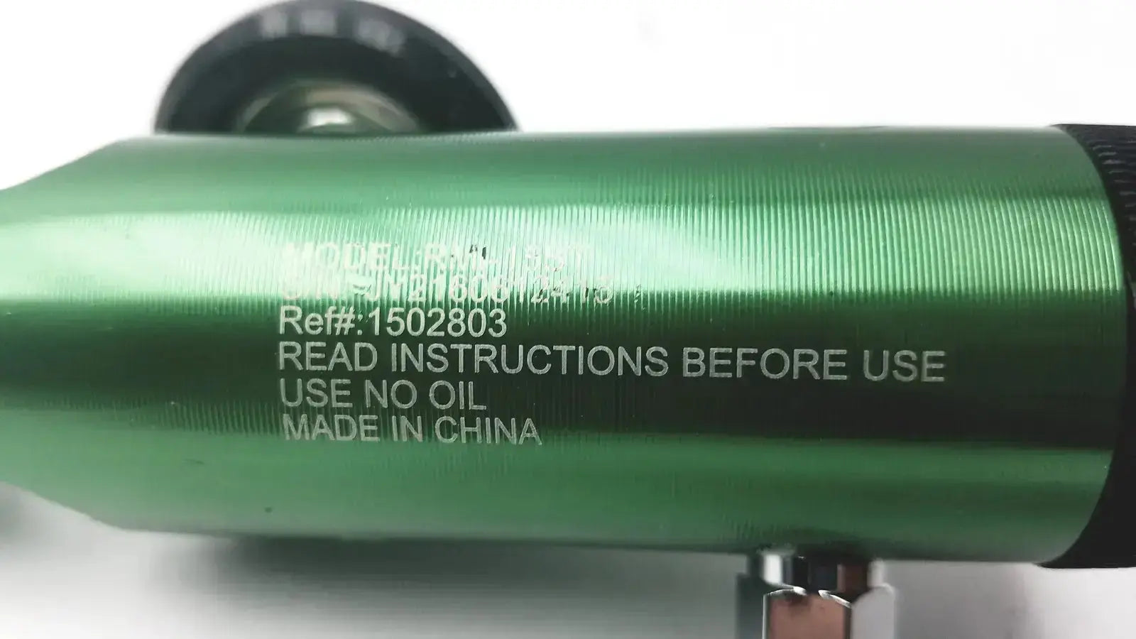 Green metallic roscoe medical mini oxygen regulator rmi-15st with engraved text and black rubberized grip