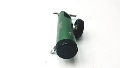 Green roscoe medical mini oxygen regulator rmi-15st with black end caps and t-shaped handle featuring engraved branding