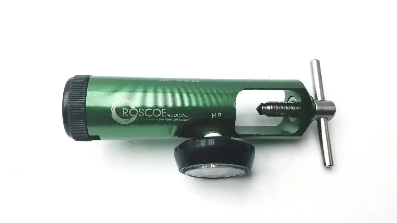 Green metallic roscoe medical mini oxygen regulator with black caps and silver adjustment knob model rmi 15st ref 1502803