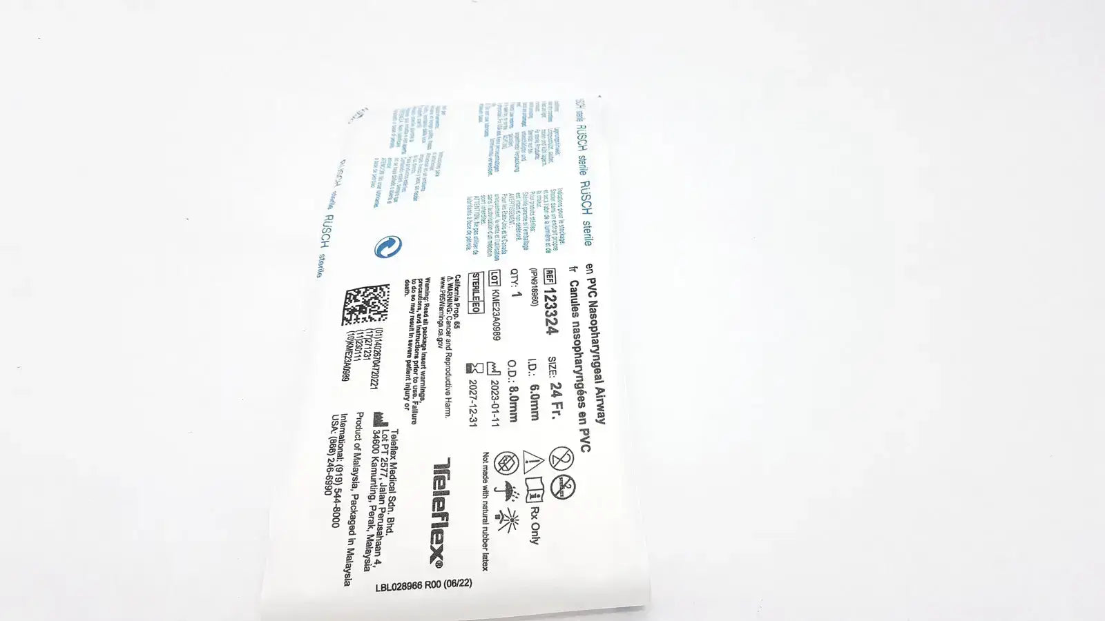 Rusch PVC Nasopharyngeal Airway Size 24 Fr. Ref: 123324 QTY 10