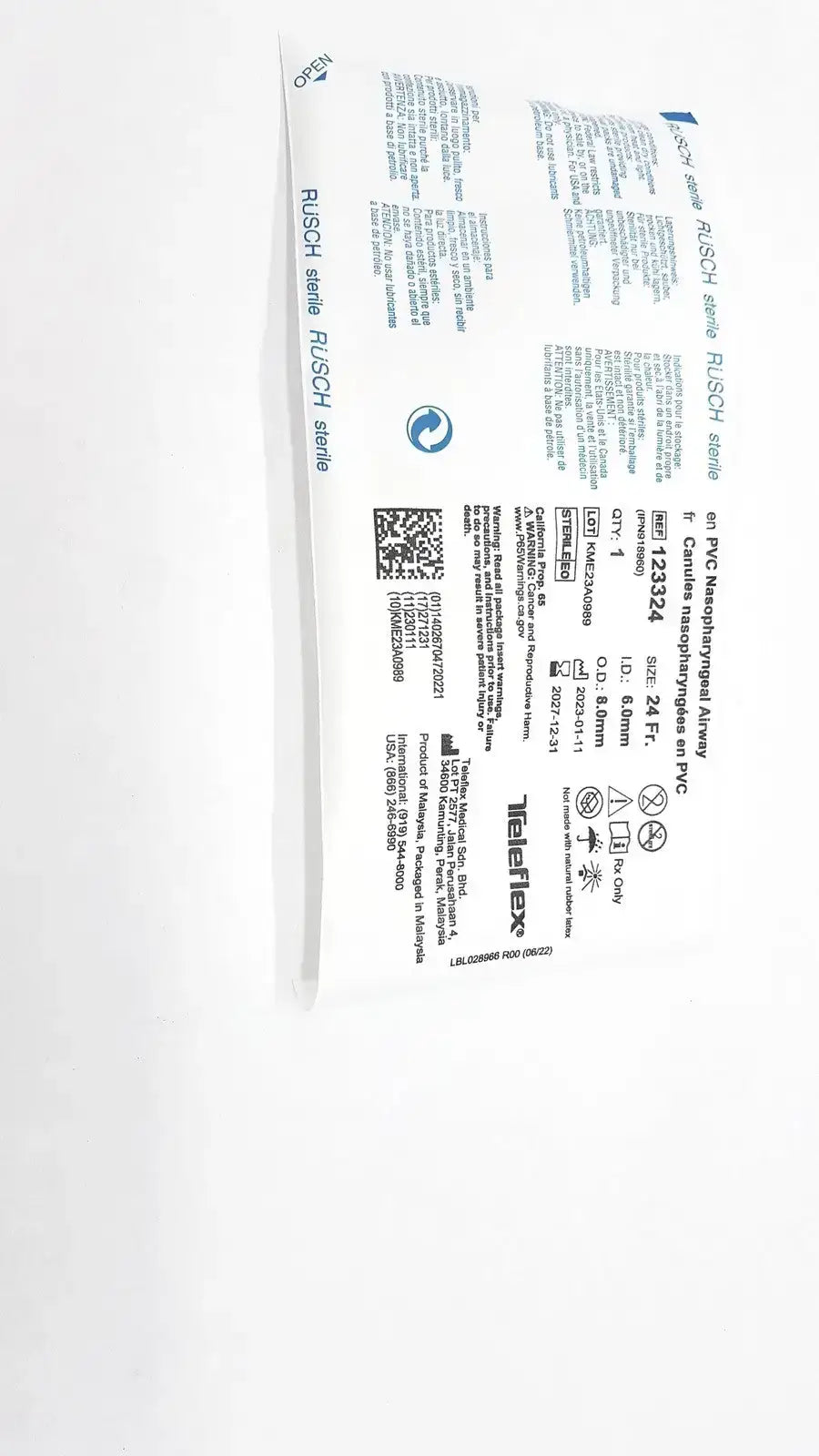 Rusch PVC Nasopharyngeal Airway Size 24 Fr. Ref: 123324 QTY 10