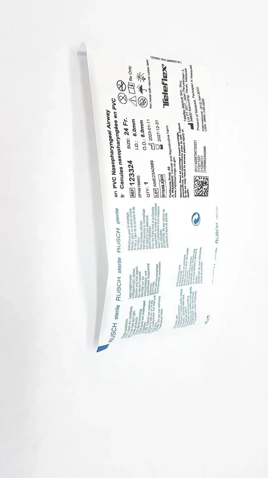 Rusch PVC Nasopharyngeal Airway Size 24 Fr. Ref: 123324 QTY 10